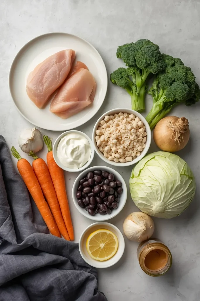 Budget-friendly meal prep ingredients including rice, beans, chickpeas, tofu, chicken, vegetables, garlic, and lemon.