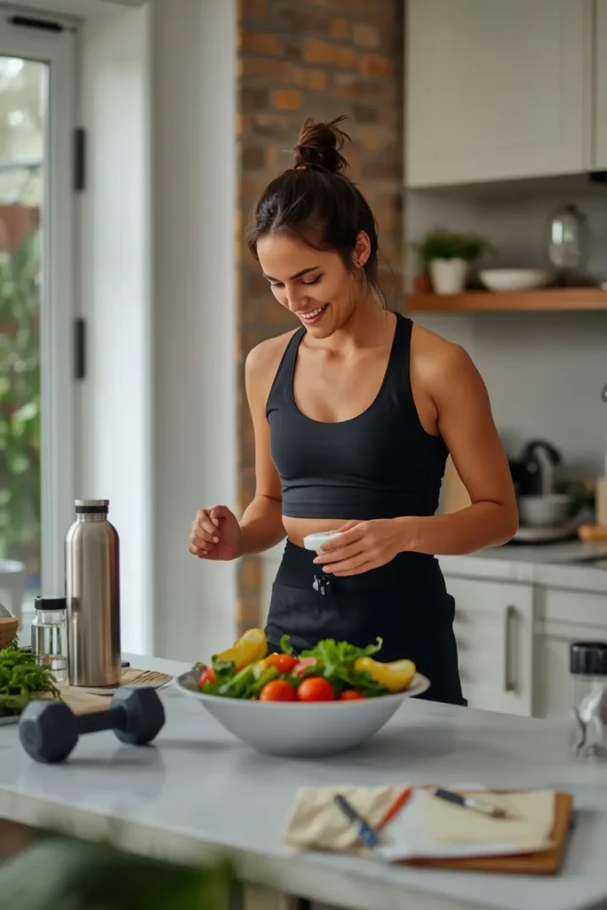 Busy adult balancing healthy meal preparation and home exercise