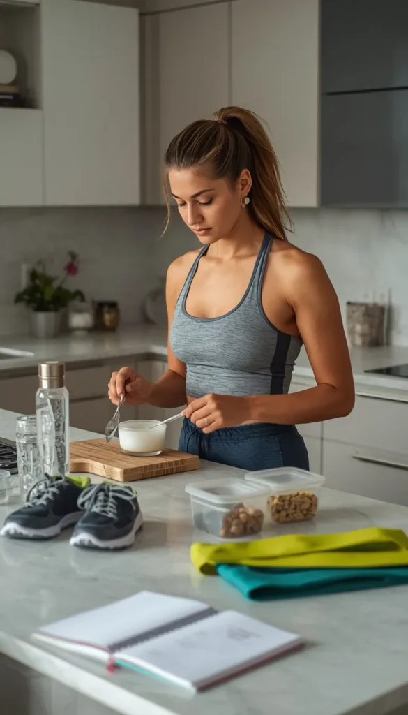 Busy adult following a simple healthy routine with exercise, nutritious food, and daily planning