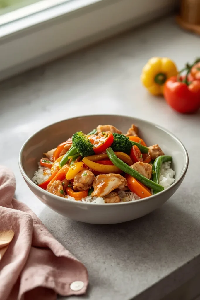 Chicken and vegetable stir-fry with broccoli, peppers, carrots and rice