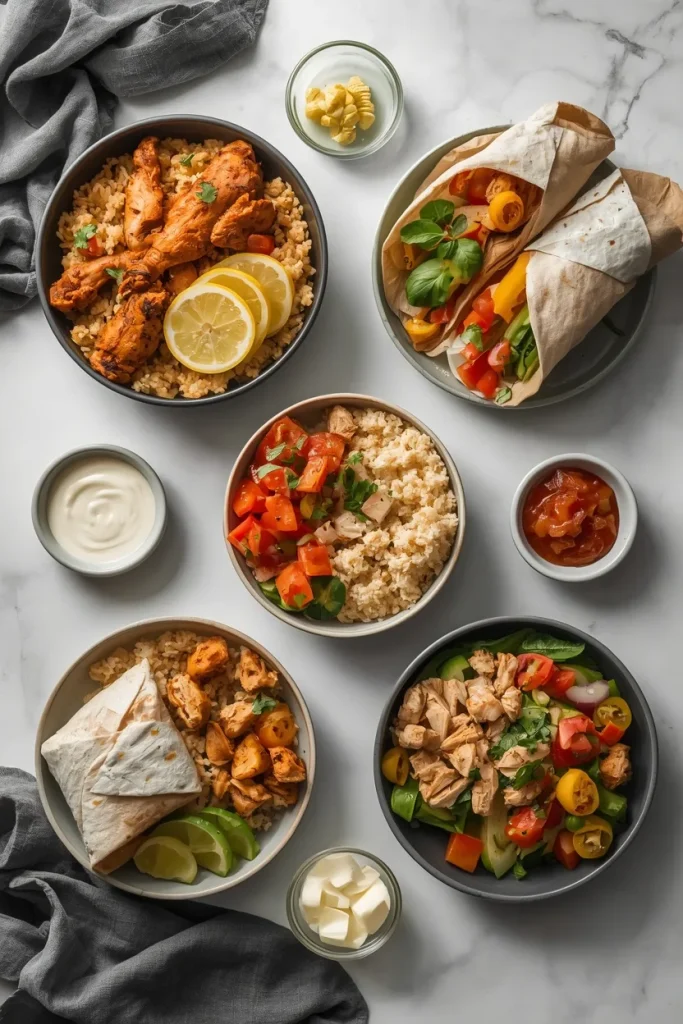 Chicken, rice, and roasted vegetables transformed into a bowl, wrap, and salad for flexible weekly meal prep.