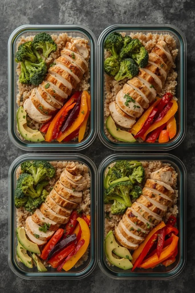 Chicken, rice and vegetable meal prep bowls