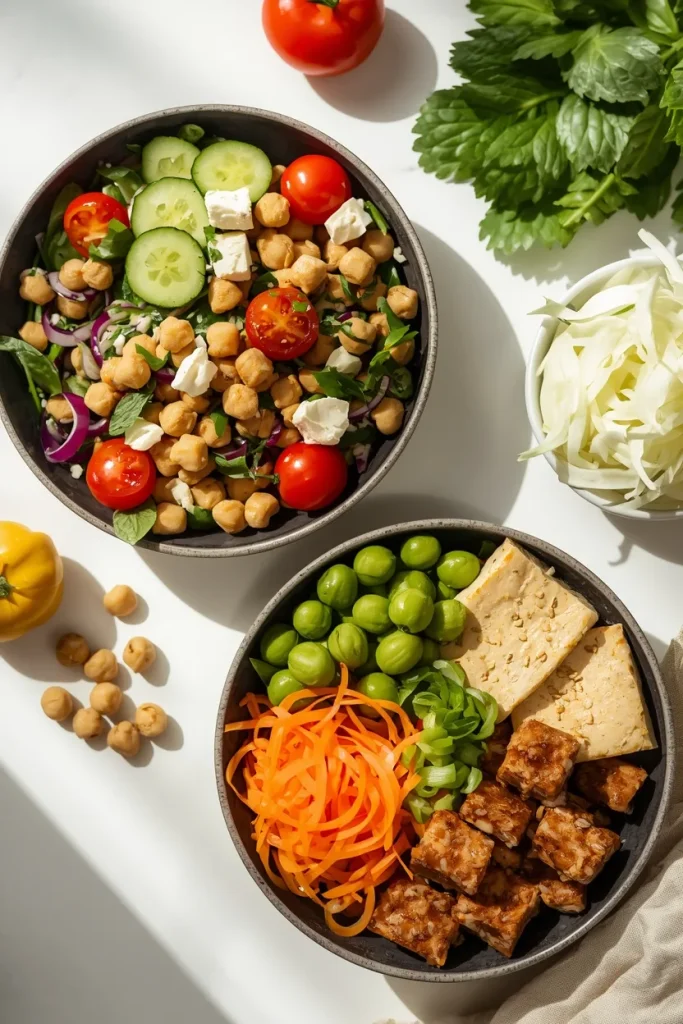 Chickpea salad and edamame tofu lunch bowls