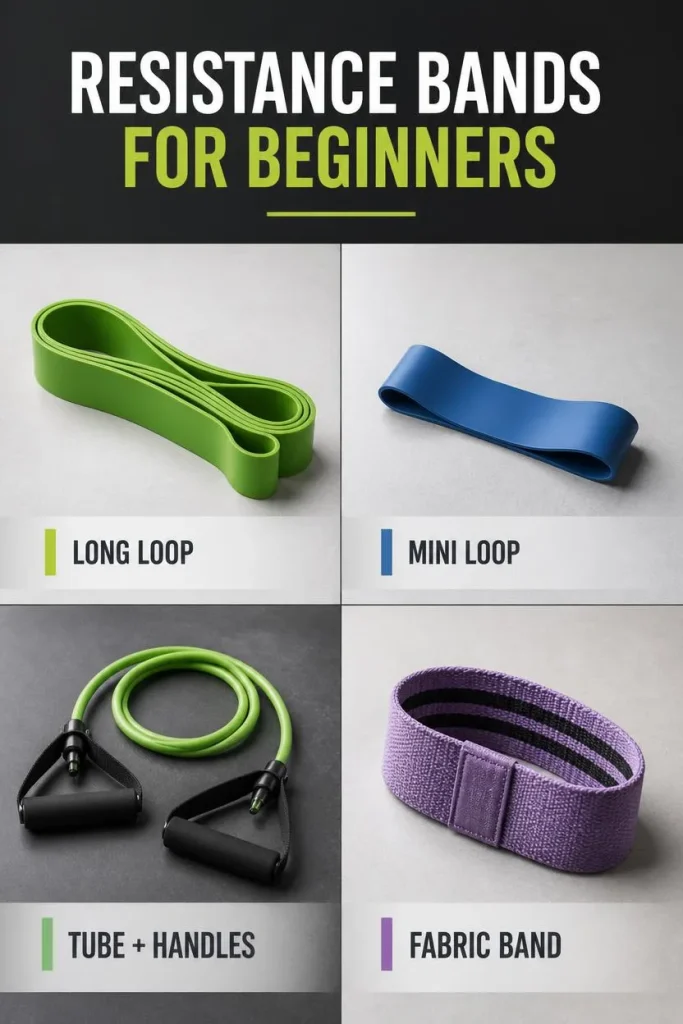 Clean overhead editorial comparison of long loop, mini loop, tube-with-handles, and fabric bands.
