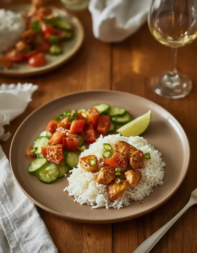 Coconut chicken rice plated with a fresh salad and lime wedge for serving.