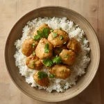 Coconut chicken rice recipe served in a bowl with fresh cilantro garnish.