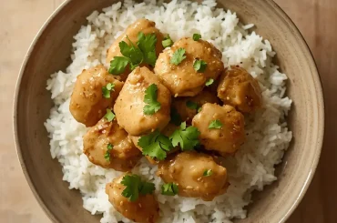 Coconut chicken rice recipe served in a bowl with fresh cilantro garnish.