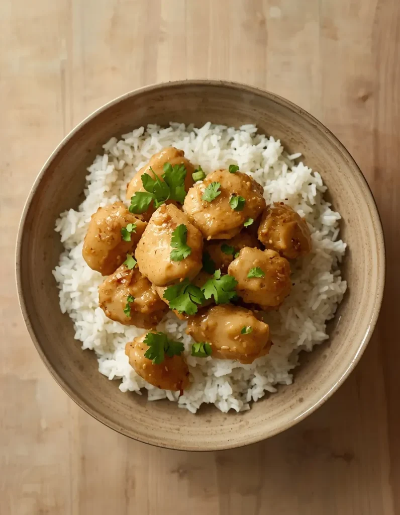 Coconut chicken rice recipe served in a bowl with fresh cilantro garnish.