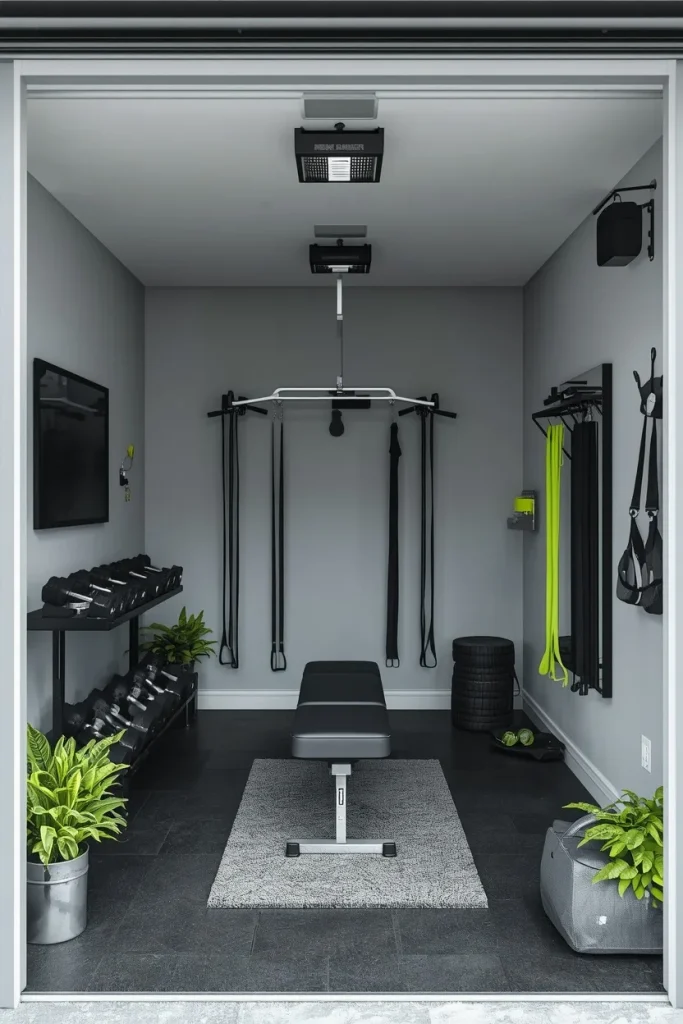 Compact half-garage home gym with adjustable dumbbells, resistance bands, bench, mat, and wall storage