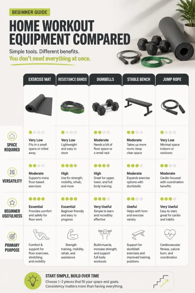 Comparison of beginner home workout equipment including resistance bands dumbbells mat bench and jump rope