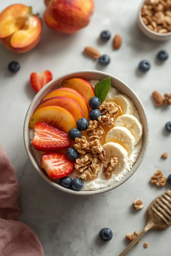 Cottage cheese topped with fresh strawberries, blueberries, peaches, banana, almonds, walnuts, and a drizzle of honey