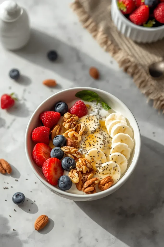 Creamy Greek yogurt topped with strawberries, blueberries, raspberries, banana, almonds, walnuts, chia seeds, and honey