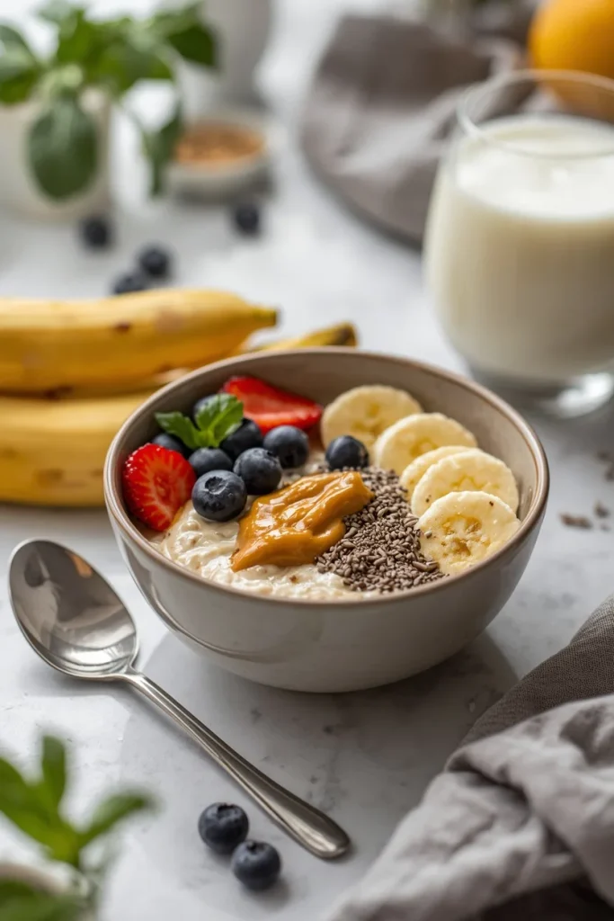 Creamy protein oats topped with berries and peanut butter ready for breakfast