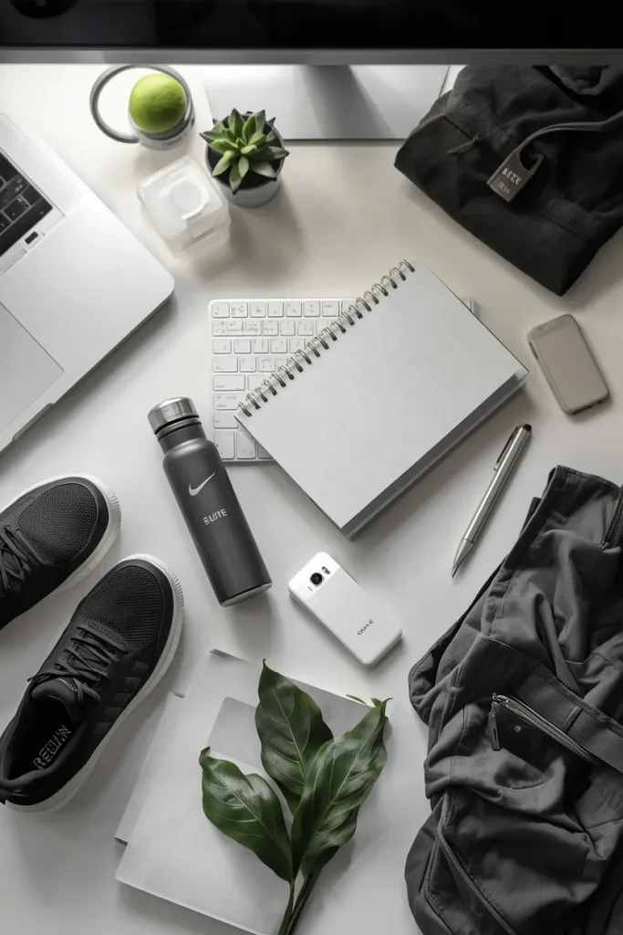 Everyday items representing short movement breaks throughout a busy day