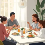 Family enjoying a simple balanced homemade dinner with chicken, rice, and vegetables