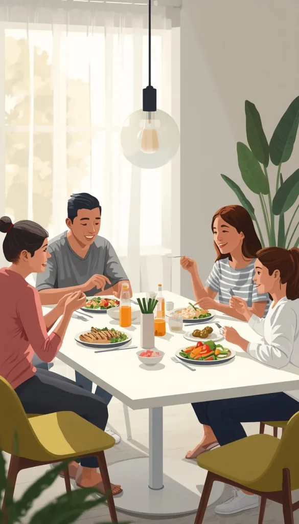 Family enjoying a simple balanced homemade dinner with chicken, rice, and vegetables