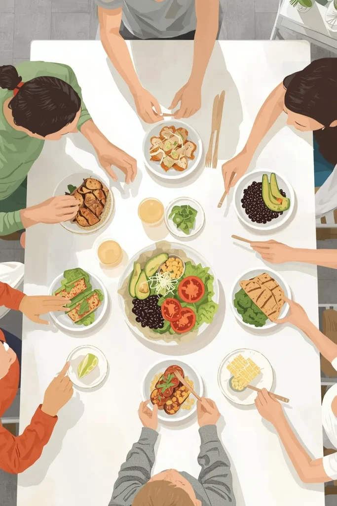 10 Easy High-Protein Family Dinners with customizable tacos with chicken, beans, vegetables, and avocado