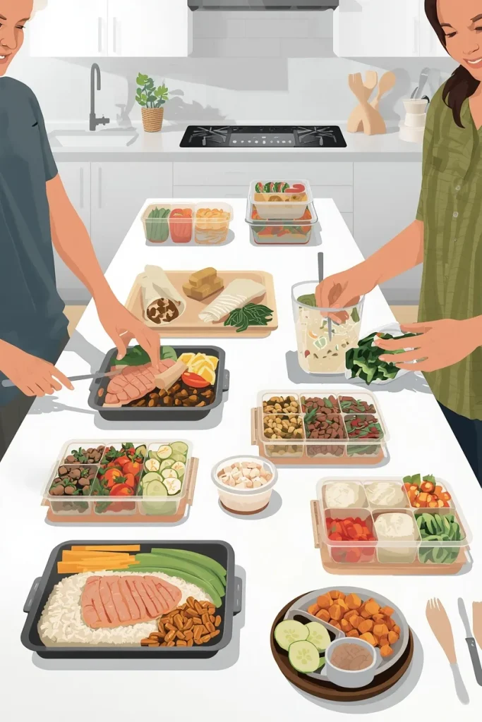 Family preparing chicken, rice, vegetables, and other ingredients for easy weeknight meals