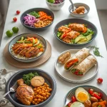 Five easy high-protein meals including chicken bowls, tuna salad, stir-fry, egg wrap and chicken potato bowl