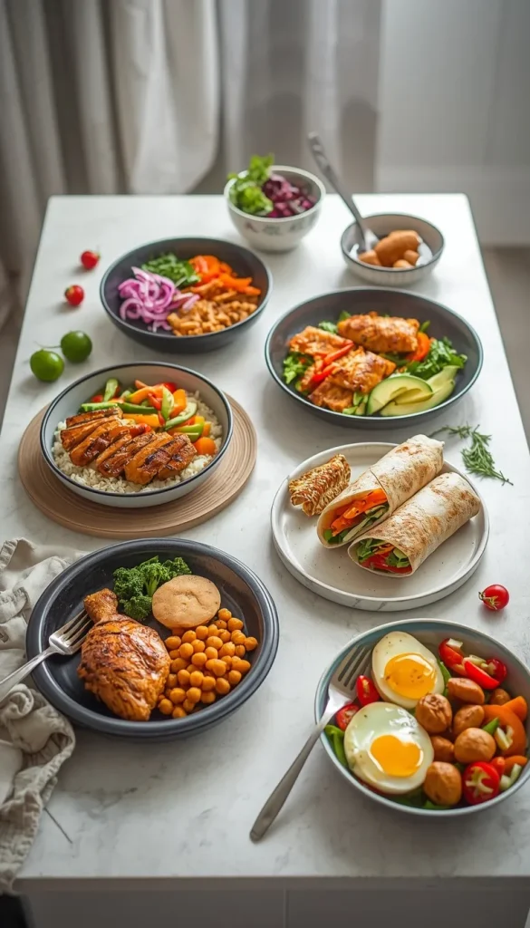 Five easy high-protein meals including chicken bowls, tuna salad, stir-fry, egg wrap and chicken potato bowl
