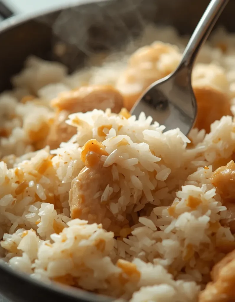 Fluffy coconut rice and tender chicken close-up after cooking.