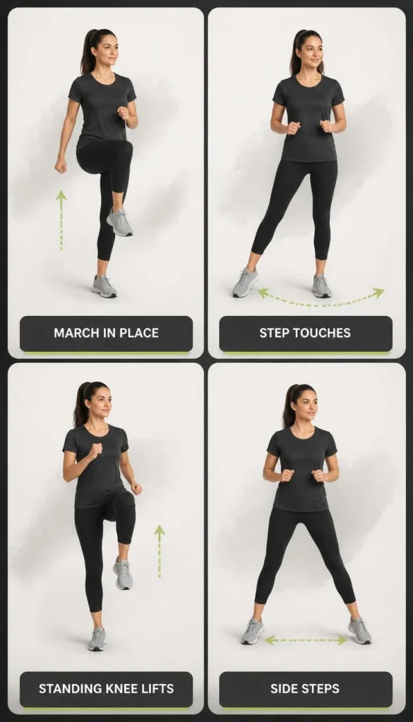 Four beginner low-impact cardio exercises including marching, step touches, knee lifts, and side steps