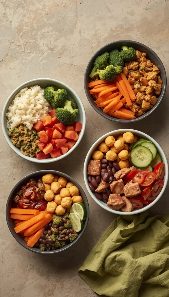 Four budget-friendly high-protein meal prep bowls with chicken, turkey, tofu, tuna, rice, beans, and vegetables.