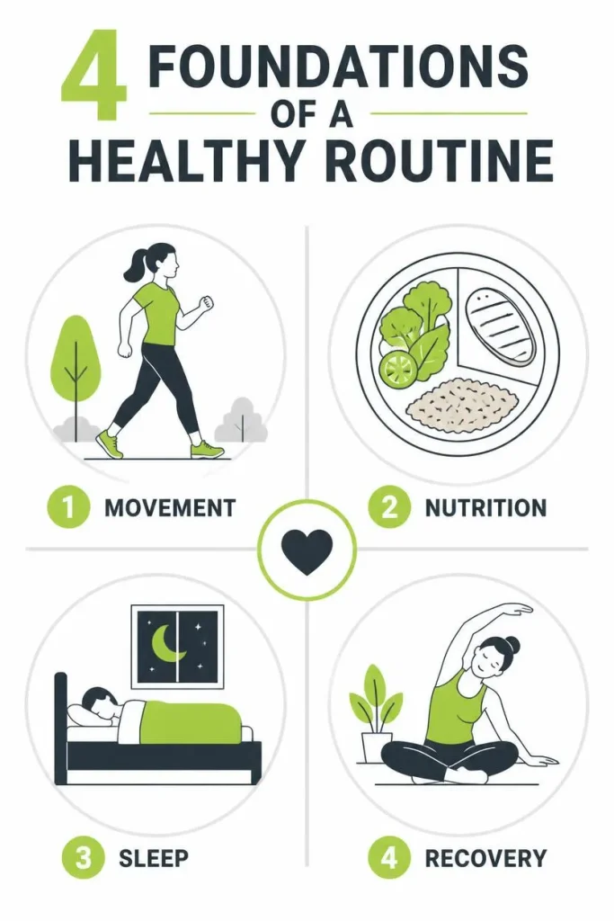 Four foundations of how to build a healthy routine: movement, nutrition, sleep, and recovery