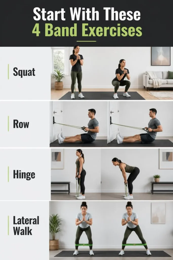 Four-panel educational visual showing basic movement categories without making the graphic feel like a bodybuilding program.