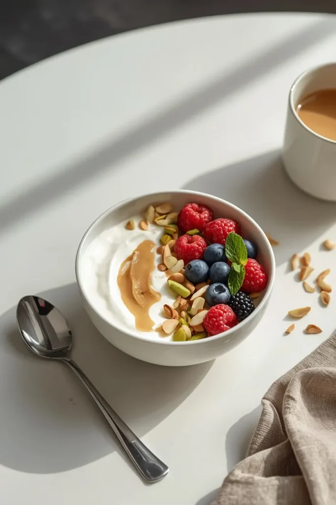 Greek yogurt topped with berries and protein-rich nuts