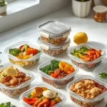 Healthy freezer meals in glass containers, including chicken, vegetables, rice, pasta, and grain-based dishes, arranged on a kitchen counter for easy weeknight dinners.