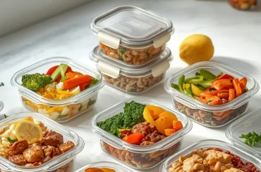 Healthy freezer meals in glass containers, including chicken, vegetables, rice, pasta, and grain-based dishes, arranged on a kitchen counter for easy weeknight dinners.