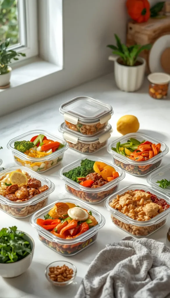 Healthy freezer meals in glass containers, including chicken, vegetables, rice, pasta, and grain-based dishes, arranged on a kitchen counter for easy weeknight dinners.