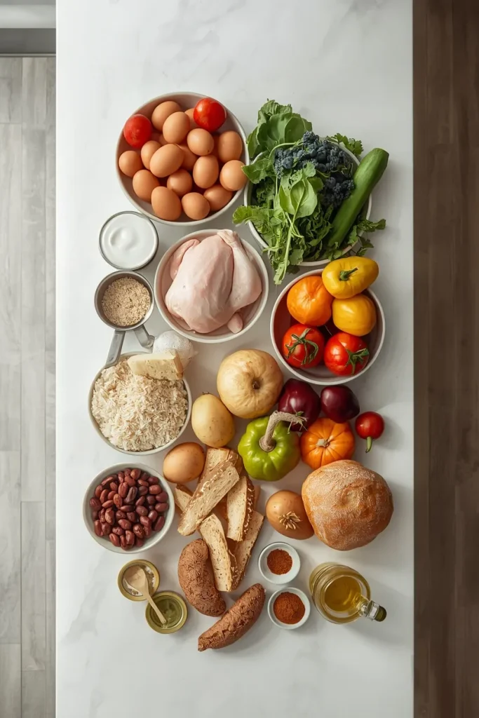 Healthy grocery restock with fresh produce, protein foods, and pantry staples