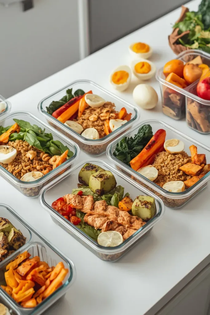 Healthy meal-prep containers with chicken, vegetables, rice, and fruit