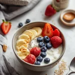 High-Protein Breakfast for Muscle Gain: High-protein Greek yogurt oats with berries, chia seeds, and peanut butter
