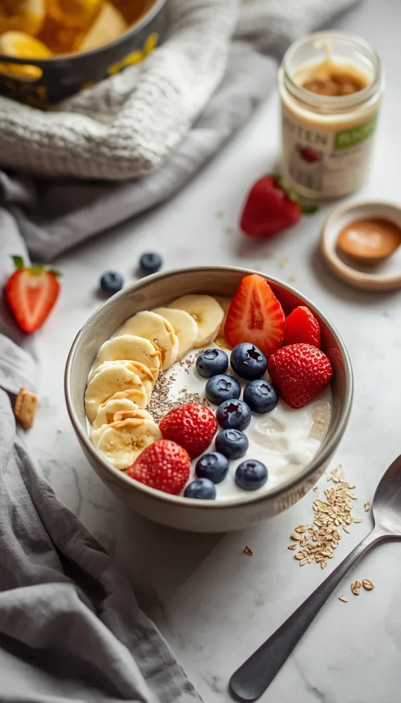 High-Protein Breakfast for Muscle Gain: High-protein Greek yogurt oats with berries, chia seeds, and peanut butter