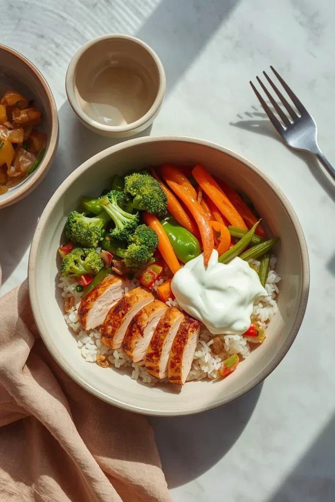 High-protein chicken and rice bowl with mixed vegetables and Greek yogurt sauce