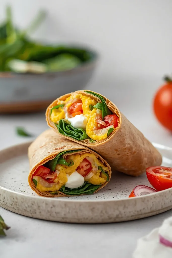 High-protein egg and vegetable whole-grain wrap with spinach and tomato