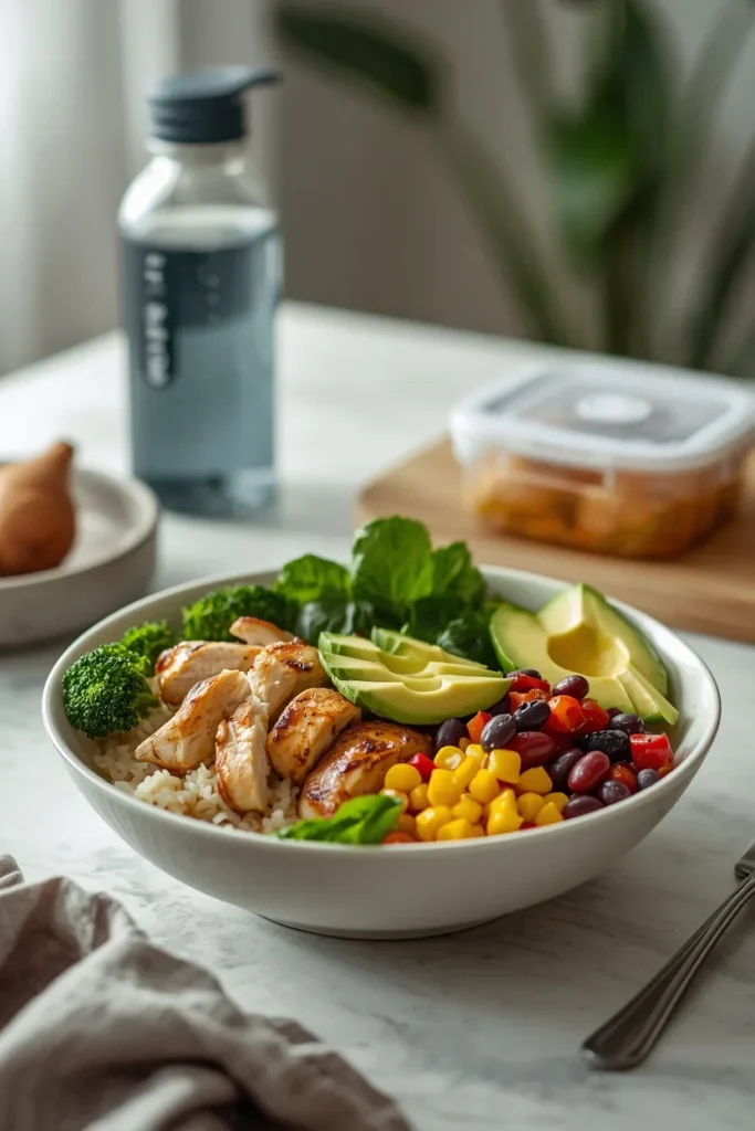 Higher-energy chicken and rice bowl with avocado, beans, corn, and vegetables for a weight-gain meal idea