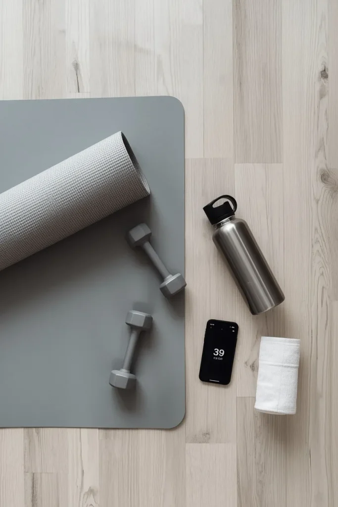 Home workout equipment essentials including an exercise mat, dumbbells, water bottle, and timer.