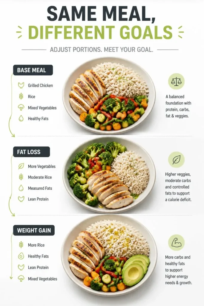 How the same chicken and rice meal can be adjusted for fat loss or weight gain through portions and ingredients