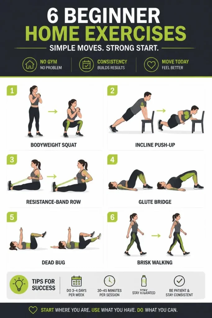 Illustrated beginner exercise guide showing squats, incline push-ups, resistance-band rows, glute bridges, dead bugs, and walking.