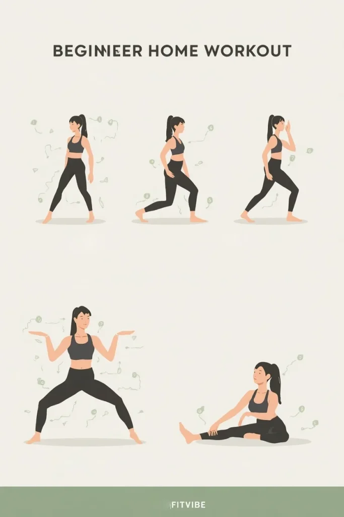 Illustrated warm-up and cool-down exercises for a 20-minute home workout