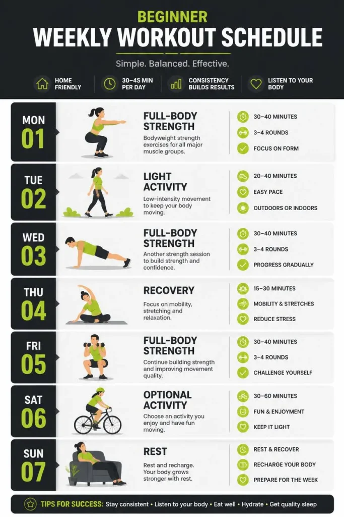 Illustrated weekly beginner home workout schedule showing (How Often Should Beginners work out) strength, walking, recovery, optional activity, and rest days.
