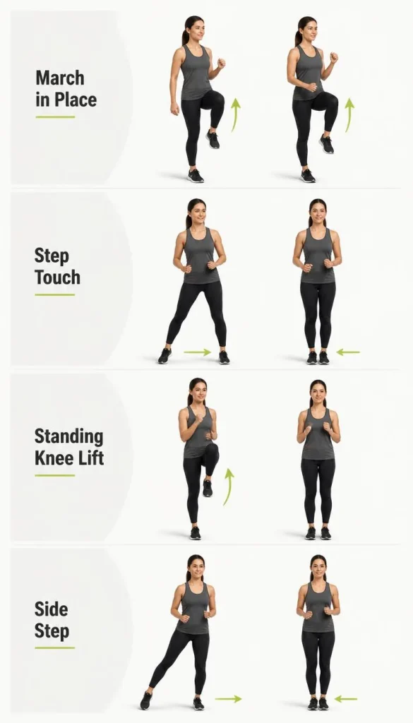 Illustration showing proper form for four beginner low-impact cardio exercises