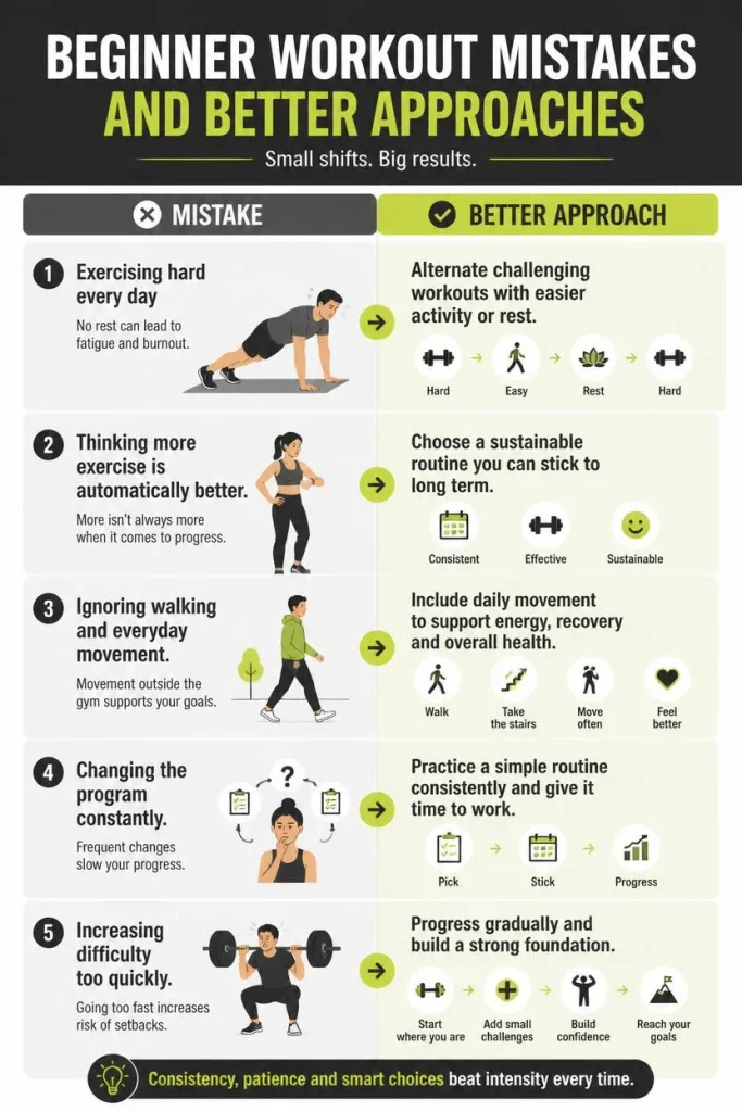 Infographic comparing common beginner workout mistakes with better approaches for sustainable home exercise.