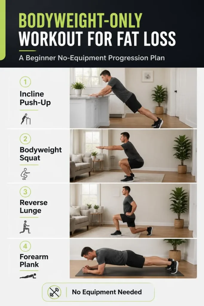 Infographic showing four beginner bodyweight exercises progressing from incline push-ups to squats, reverse lunges, and planks.