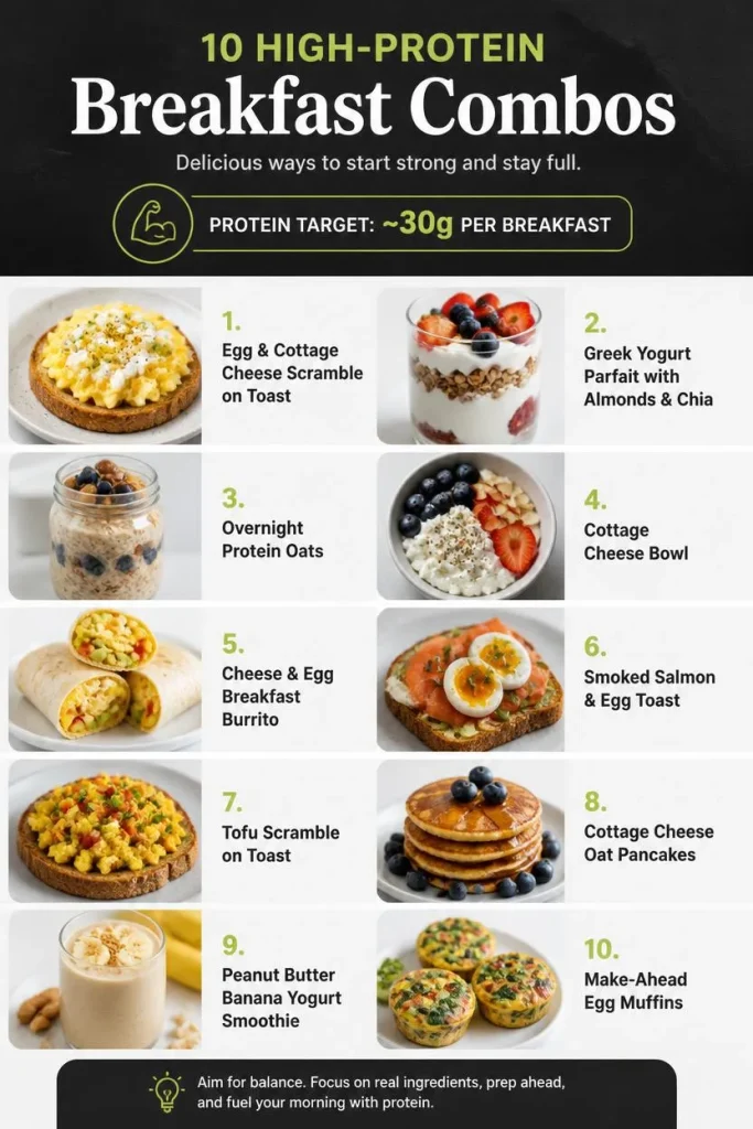 Infographic showing ten high-protein breakfast combinations including eggs, yogurt, oats, tofu, salmon, pancakes, smoothies, and egg muffins.