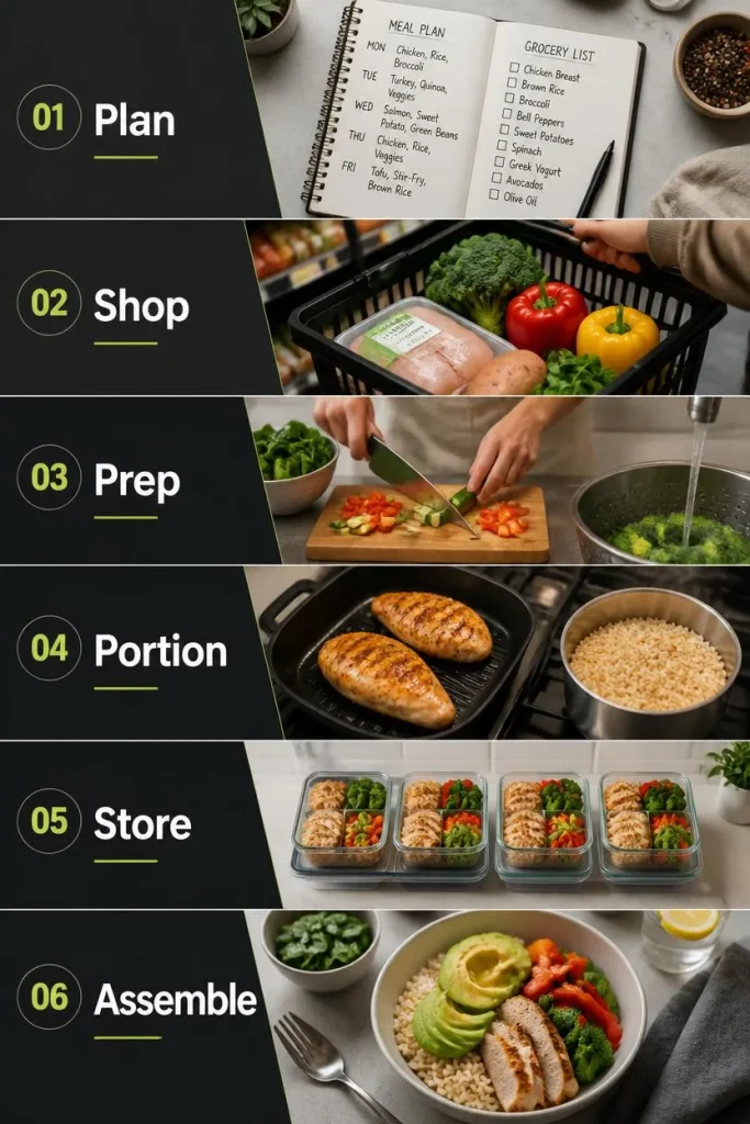Infographic showing the beginner meal-prep process from planning and shopping to cooking, portioning, storing, and assembling meals.
